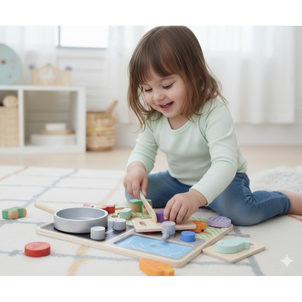 Medinė virtuvėlė su priedais TOOKY TOY – mažojo virėjo rinkinys-Žaislai, Vaikiškos virtuvėlės, Profesijos, buities žaislai, Medi