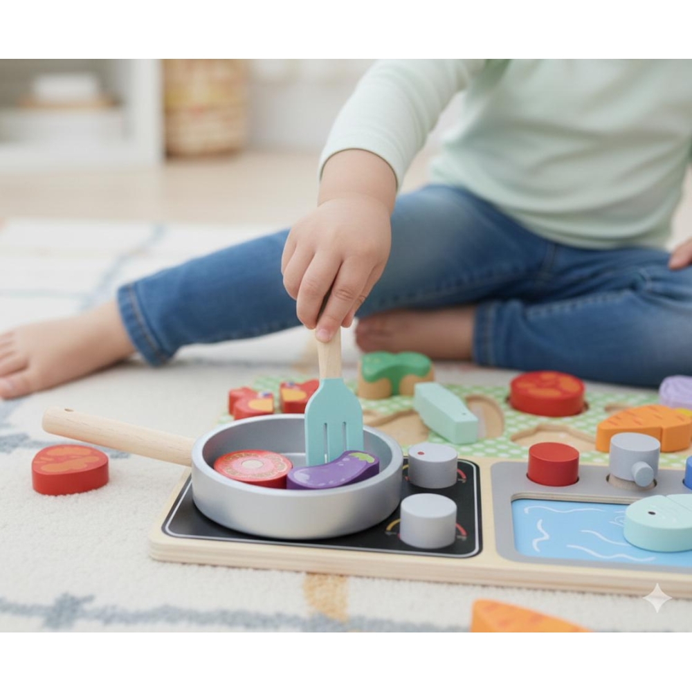 Medinė virtuvėlė su priedais TOOKY TOY – mažojo virėjo rinkinys-Žaislai, Vaikiškos virtuvėlės, Profesijos, buities žaislai, Medi