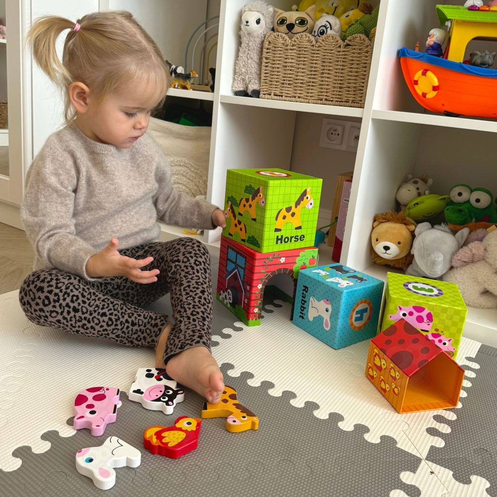 Dėlionė Ūkio kubeliai WOOPIE GREEN + figūrėlės 10 el.-Žaislai, Kūdikiams, Žaislai mažyliams (iki 4 m.