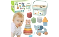 WOOPIE GREEN Pudełko Sorter Box 3w1 Klocki Piramidka Słonik FSC
