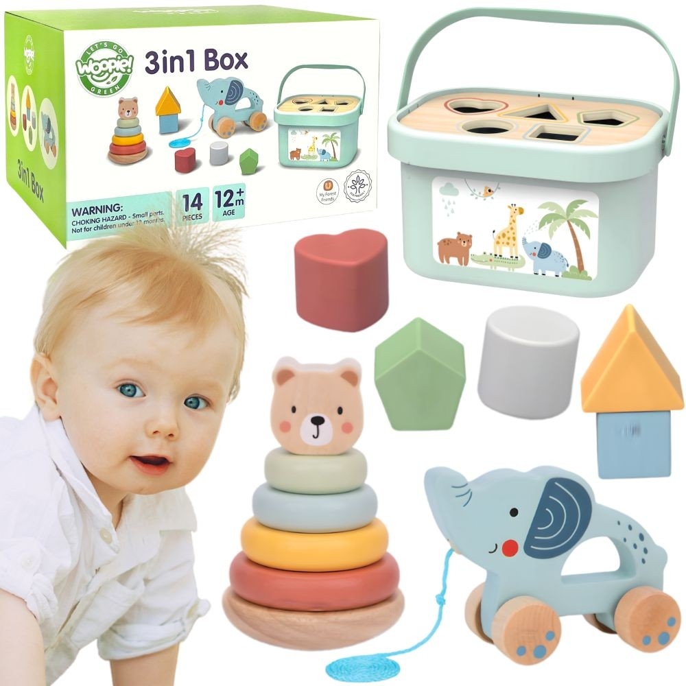 Lavinamasis rinkinys WOOPIE GREEN Box Sorter Box 3in1 Elephant Pyramid Blocks FSC-Žaislai, Kūdikiams, Žaislai mažyliams (iki 4 m
