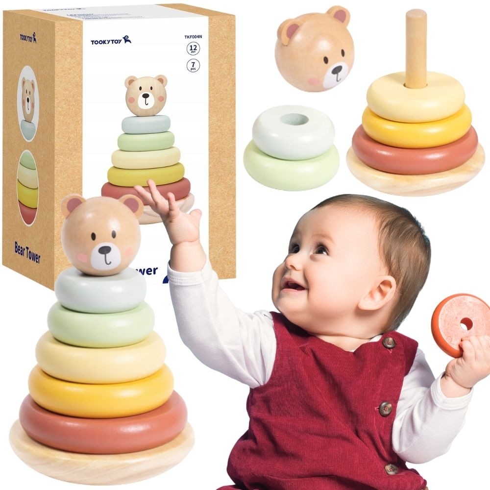 Medinė sensorinė dėlionė Piramidė meškiukas TOOKY TOY-Žaislai, Kūdikiams, Žaislai mažyliams (iki 4 m.
