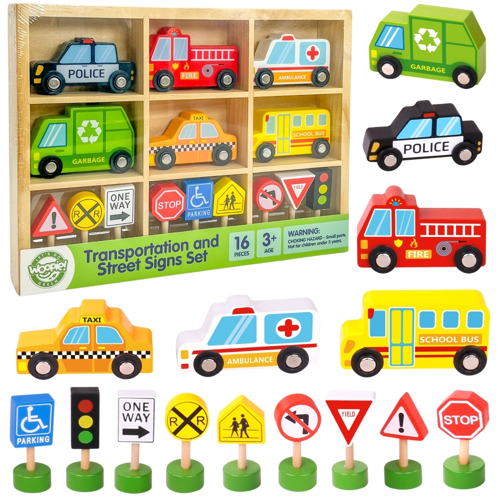 Medinių transporto priemonių ir kelio ženklų rinkinys WOOPIE GREEN