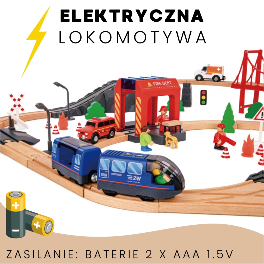Medinis elektrinis traukinukas Tooky Toy gaisrinės brigada garso efektai 70 el.