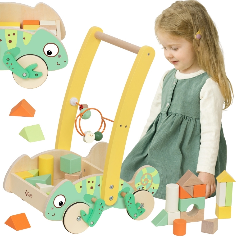 Medinis vežimėlis CLASSIC WORLD Chameleonas su kaladėlėmis-Judėjimui, Žaislai, Stumdukai, Lavinamieji žaislai, Kaladėlės-e-vaika