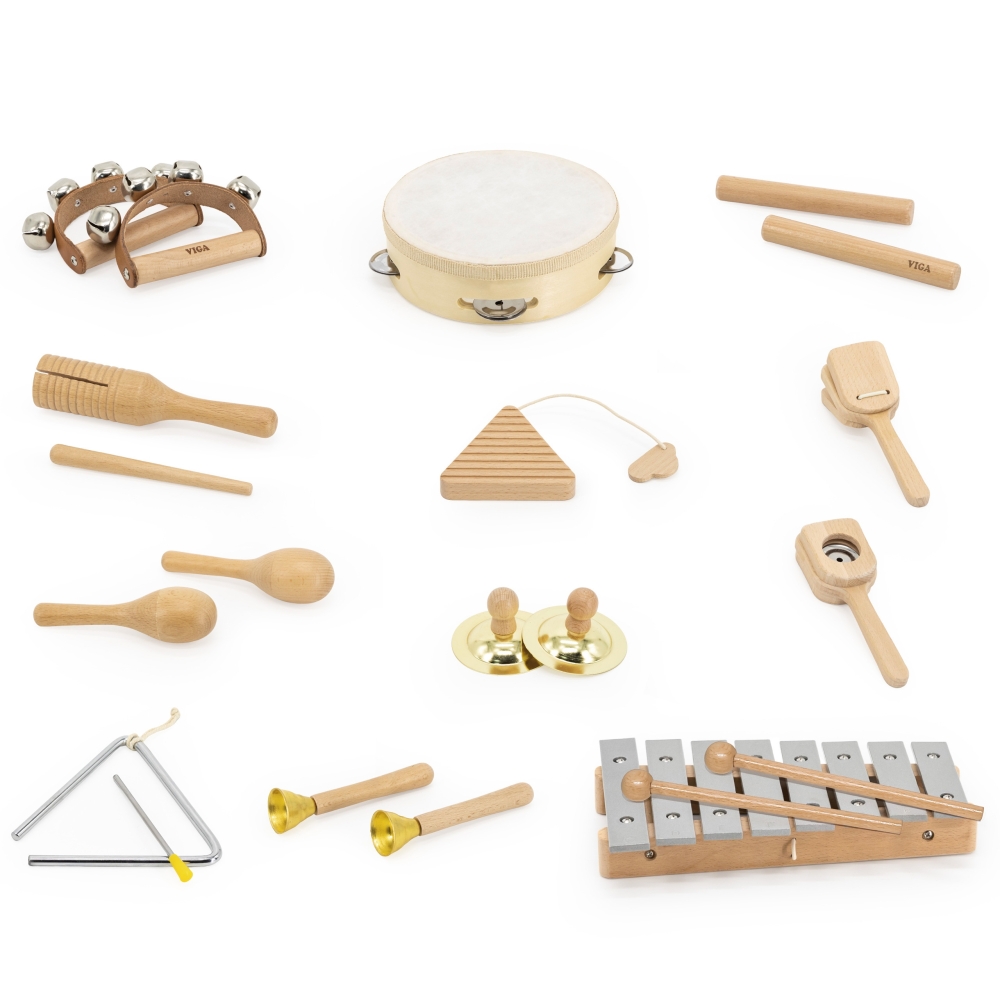 Medinių muzikos instrumentų rinkinys VIGA, sudarytas iš 12 mušamųjų instrumentų-Žaislai, Muzikiniai-e-vaikas