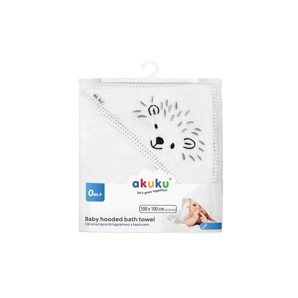 Rankšluostis su gobtuvu Akuku Hedgehog 100x100, baltas A0661-Priežiūrai, Vonios tekstilė, Rankšluosčiai-e-vaikas