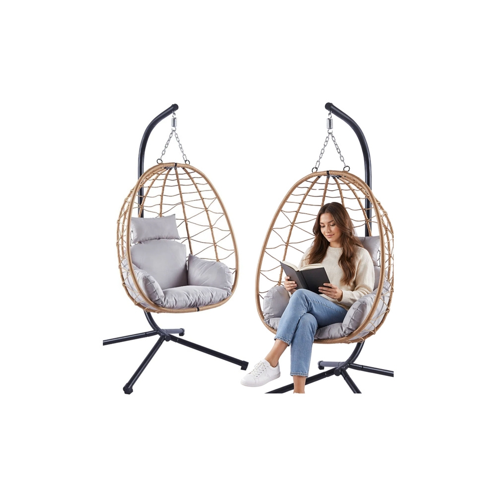Fotel Wiszący Bujany Kokon Ogrodowy LEAN Poduszki Huśtawka Stelaż Brązowy