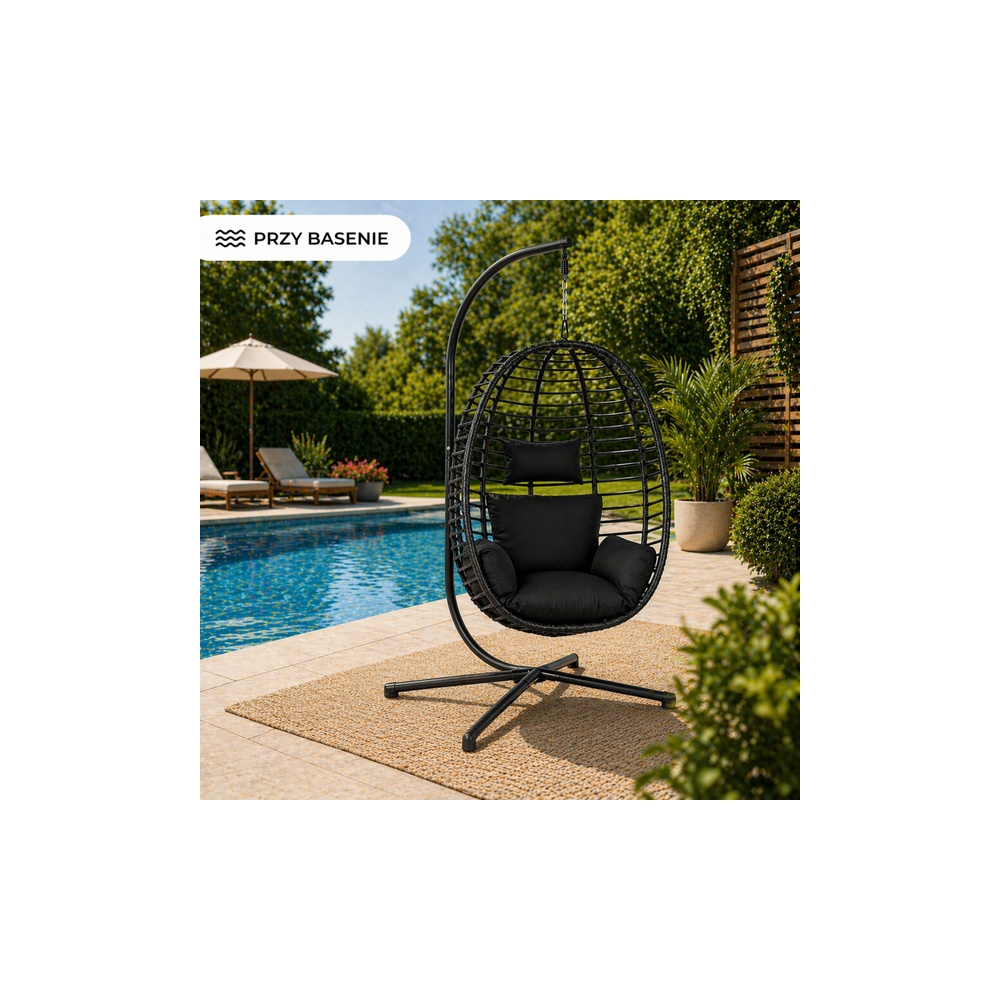 Fotel Wiszący Bujany Kokon Ogrodowy LEAN Poduszki Huśtawka Stelaż Czarny