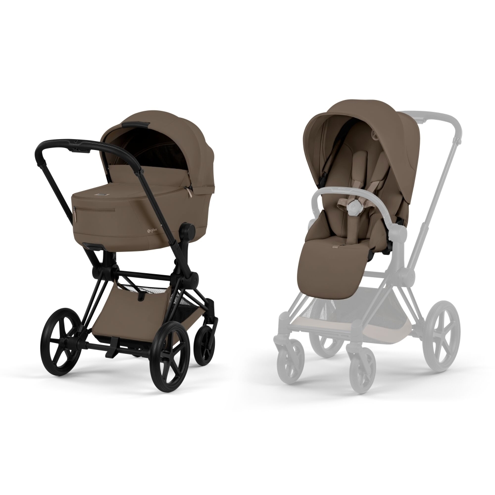 Universalus vežimėlis Cybex Priam Comfort Matt Black 2in1, Coconut Brown-Vaikiški vežimėliai, Universalūs vežimėliai-e-vaikas
