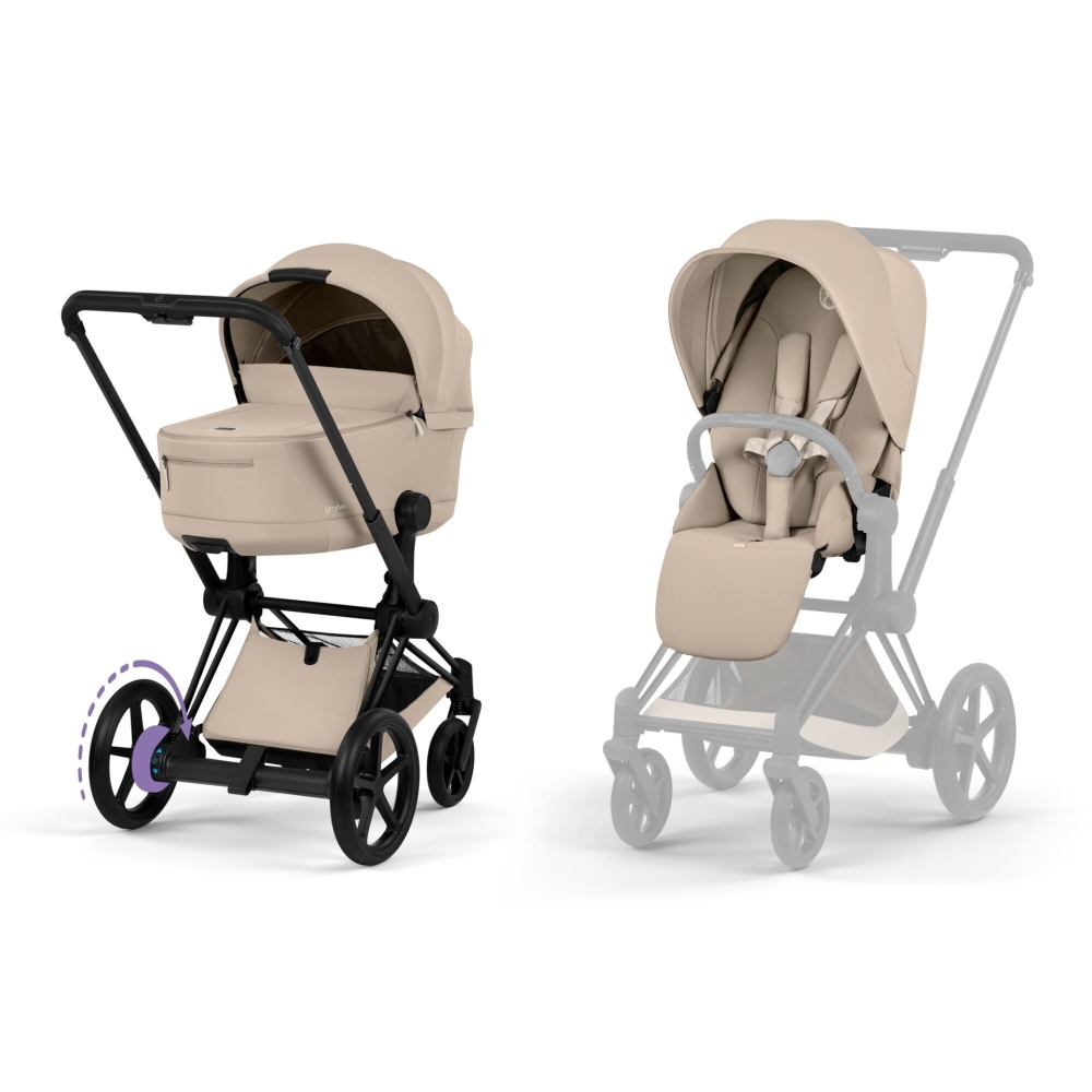 Universalus vežimėlis Cybex ePriam Comfort Matt Black 2in1, Cozy Beige-Vaikiški vežimėliai, Universalūs vežimėliai-e-vaikas