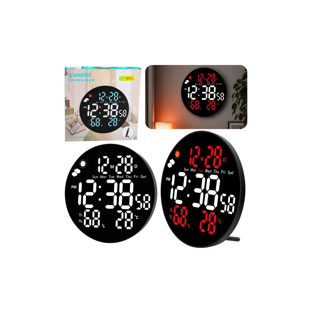 Sieninis skaitmeninis LED laikrodis su data, temperatūros ir drėgmės rodmenimis, žadintuvu ir nuotolinio valdymo pultu, 25 cm-Na
