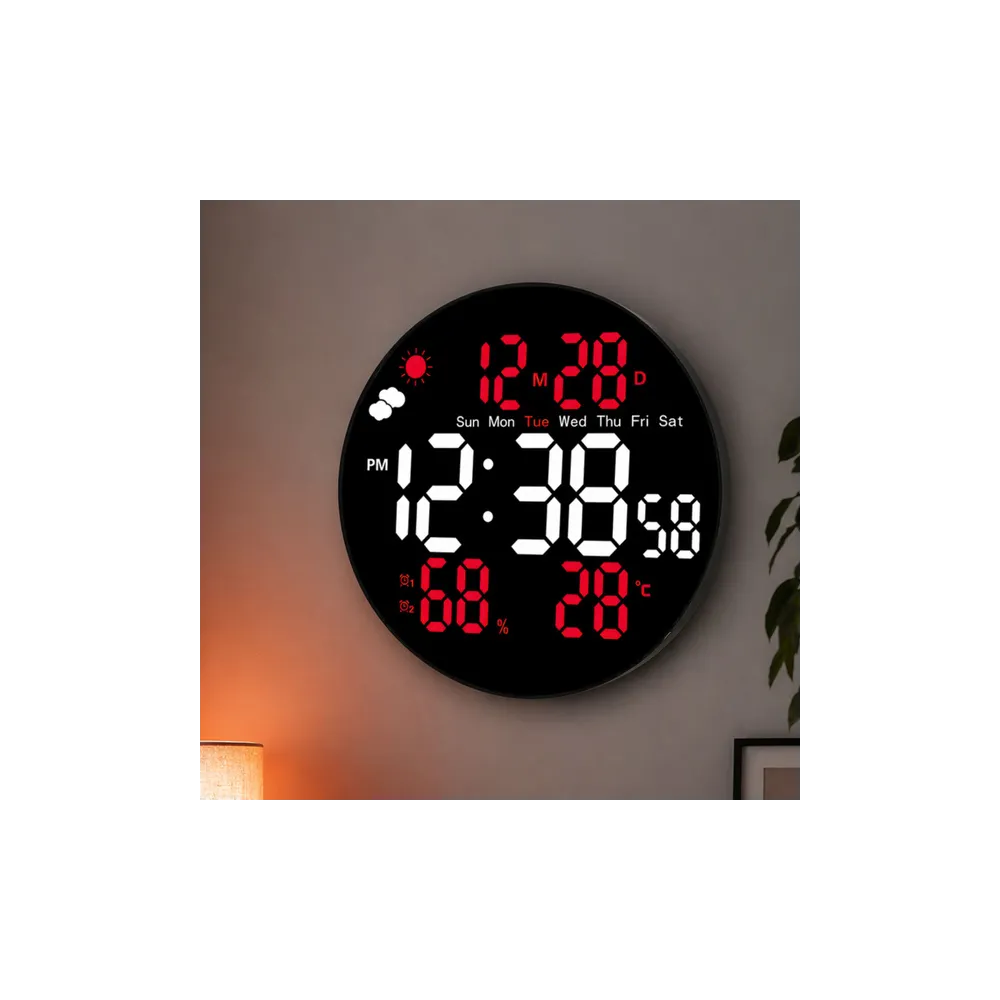 Sieninis skaitmeninis LED laikrodis su data, temperatūros ir drėgmės rodmenimis, žadintuvu ir nuotolinio valdymo pultu, 25 cm-Na