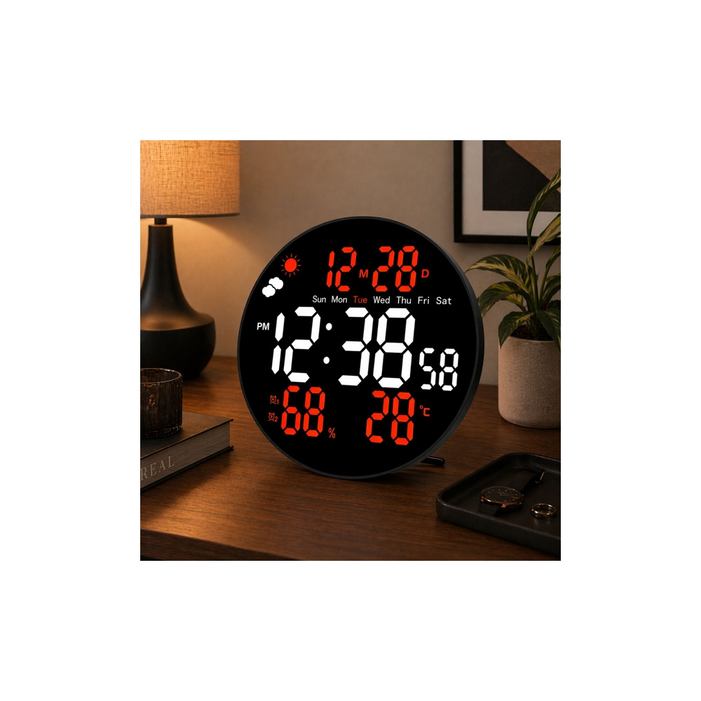 Zegar Ścienny Cyfrowy LED Data Temperatura Wilgotność Alarm Pilot 25 cm