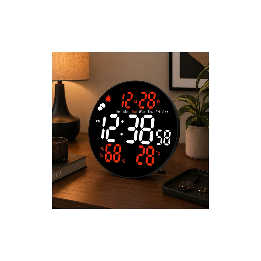 Zegar Ścienny Cyfrowy LED Data Temperatura Wilgotność Alarm Pilot 25 cm