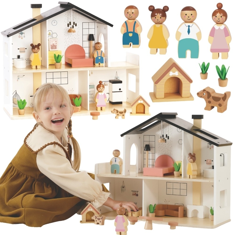 Medinis lėlių namelis TOOKY TOY su priedais ir šeima (20 el.