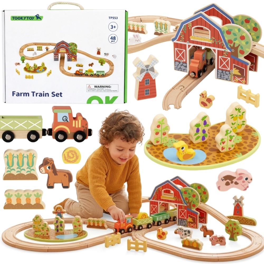Medinis traukinių rinkinys su fermos motyvais TOOKY TOY, 48 el.