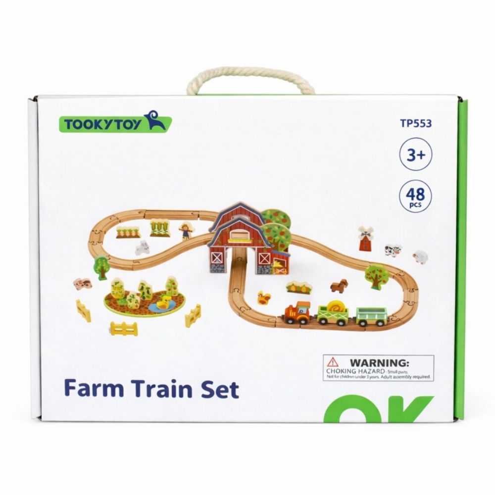 Medinis traukinių rinkinys su fermos motyvais TOOKY TOY, 48 el.