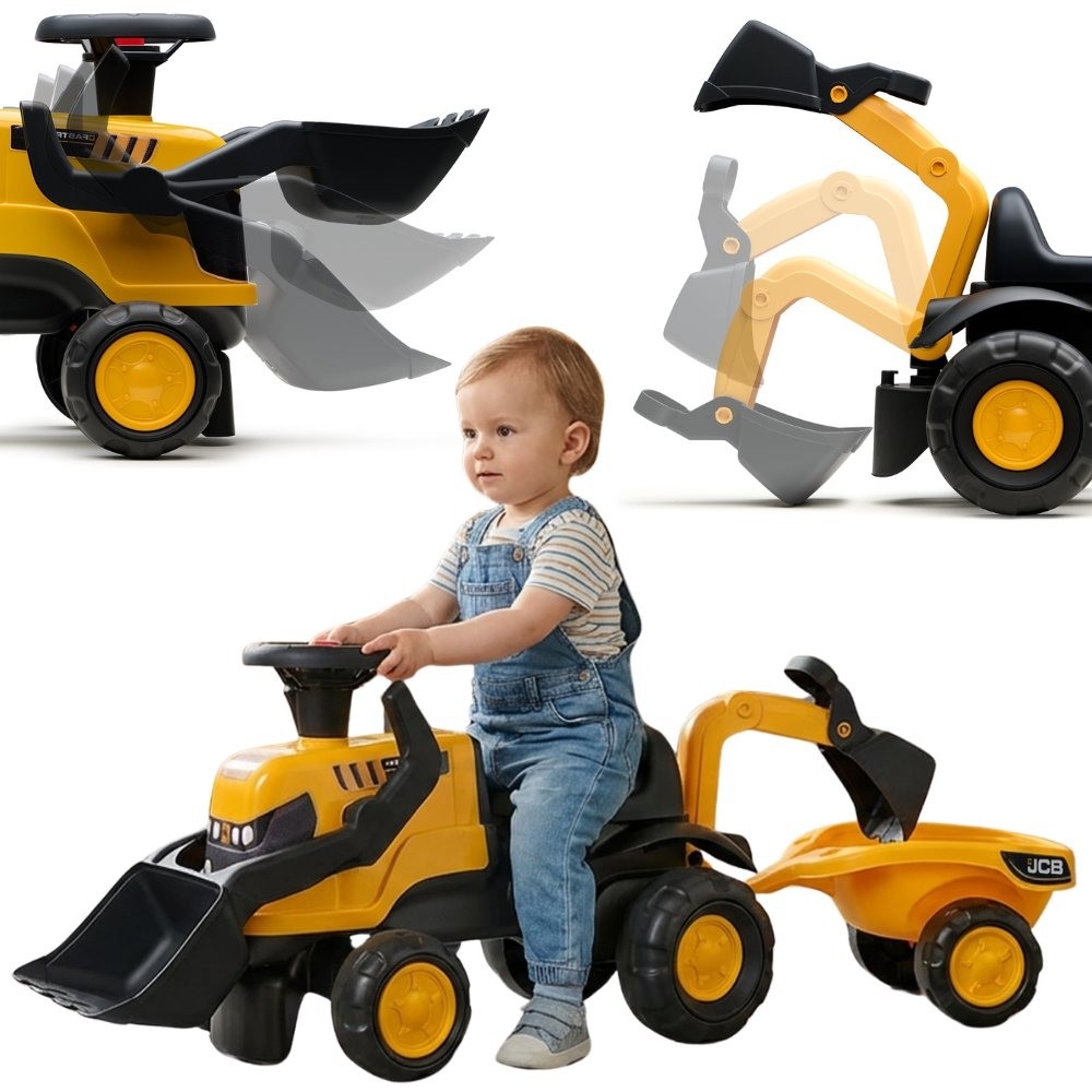 Paspiriamas traktorius FALK JCB su priekaba, grėbliu ir kastuvu, tyliais ratais, 1–3 metai-Judėjimui, Paspiriamosios mašinėlės i