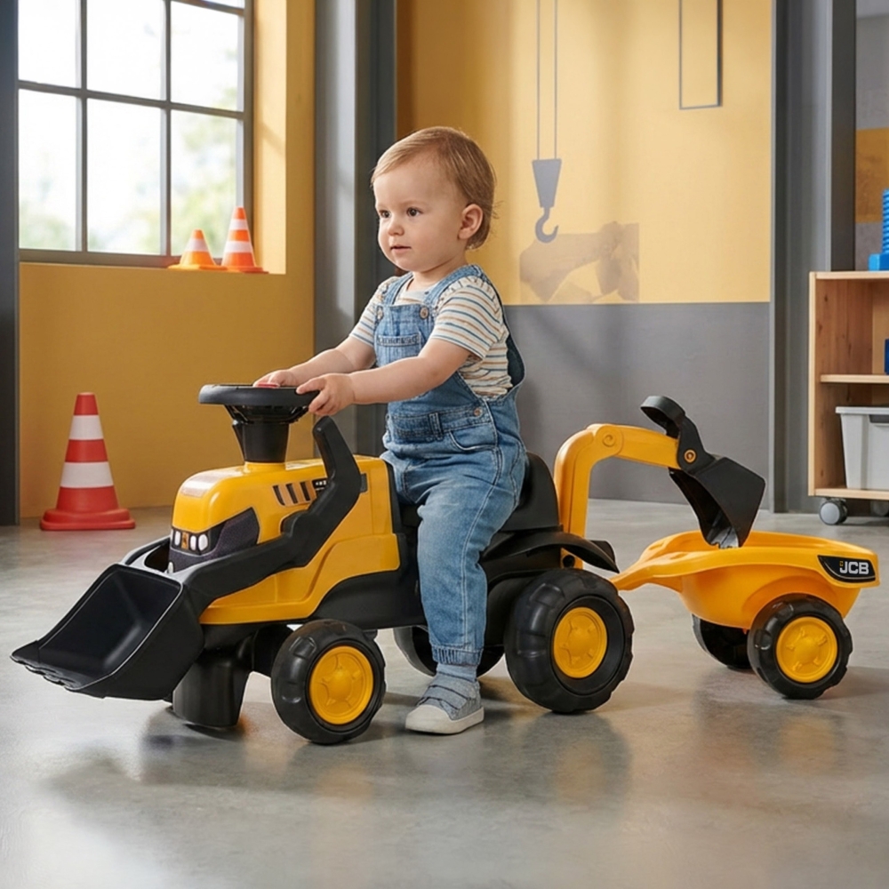 Paspiriamas traktorius FALK JCB su priekaba, grėbliu ir kastuvu, tyliais ratais, 1–3 metai-Judėjimui, Paspiriamosios mašinėlės i