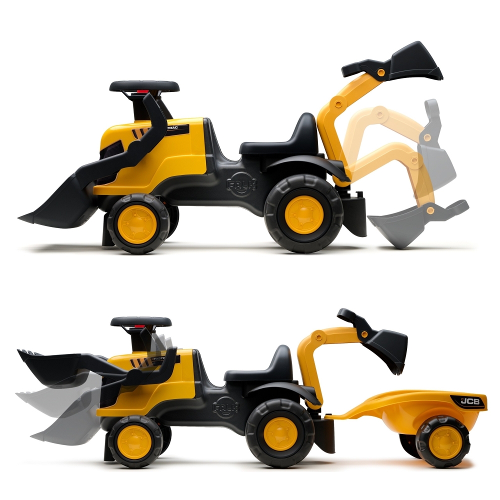 FALK Ride-on JCB Tractor with Trailer, Rake and Shovel, Silent Wheels, 1-3 Years 