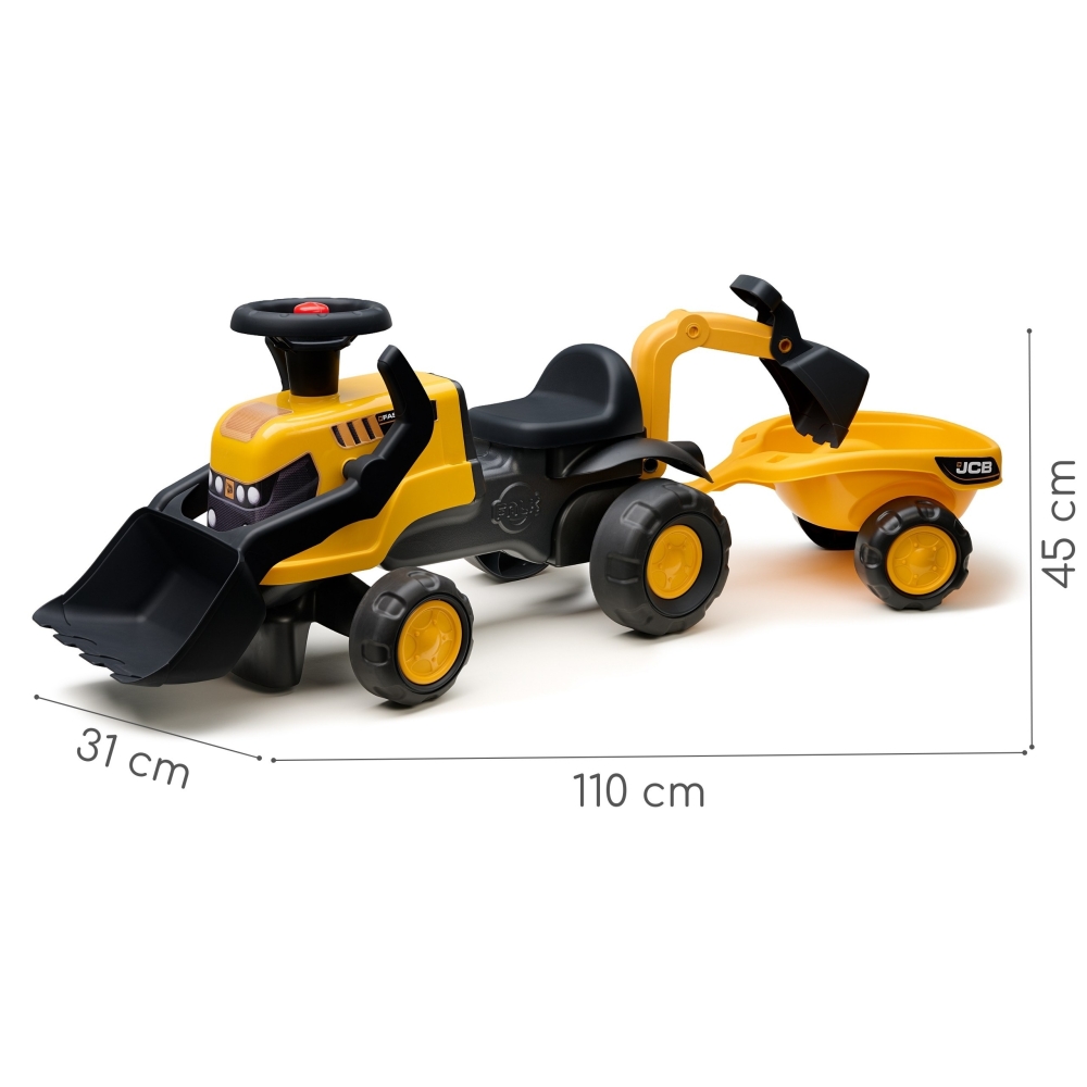 Paspiriamas traktorius FALK JCB su priekaba, grėbliu ir kastuvu, tyliais ratais, 1–3 metai-Judėjimui, Paspiriamosios mašinėlės i