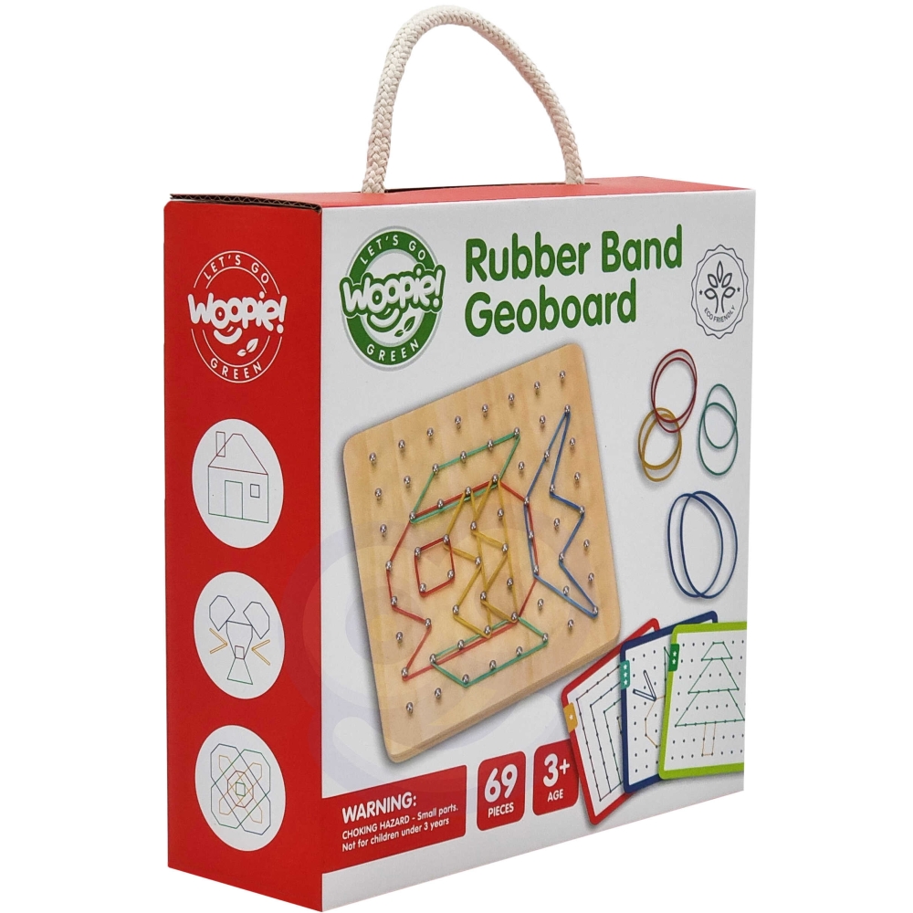 WOOPIE GREEN Geoplan with Rubber Bands Wooden Puzzle 69 Pieces FSC Certified 