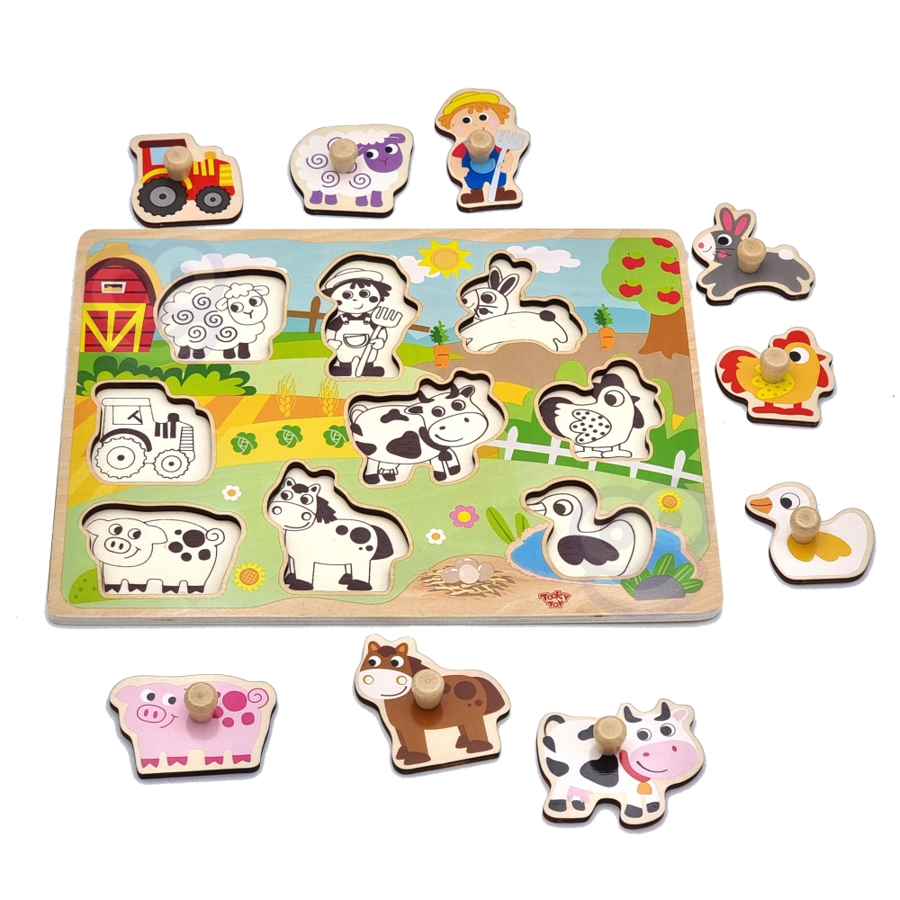 WOOPIE GREEN Wooden Montessori Puzzle Farm with Matching Pins					