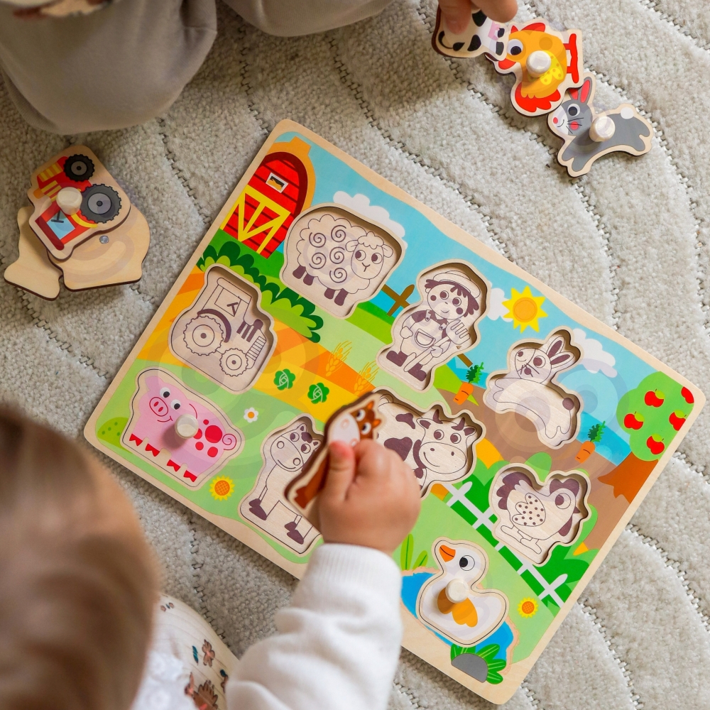 Medinė dėlionė Montessori WOOPIE GREEN Ūkis su rankenėlėmis-LEKER-e-vaikas