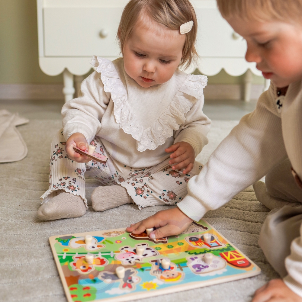 Medinė dėlionė Montessori WOOPIE GREEN Ūkis su rankenėlėmis-LEKER-e-vaikas