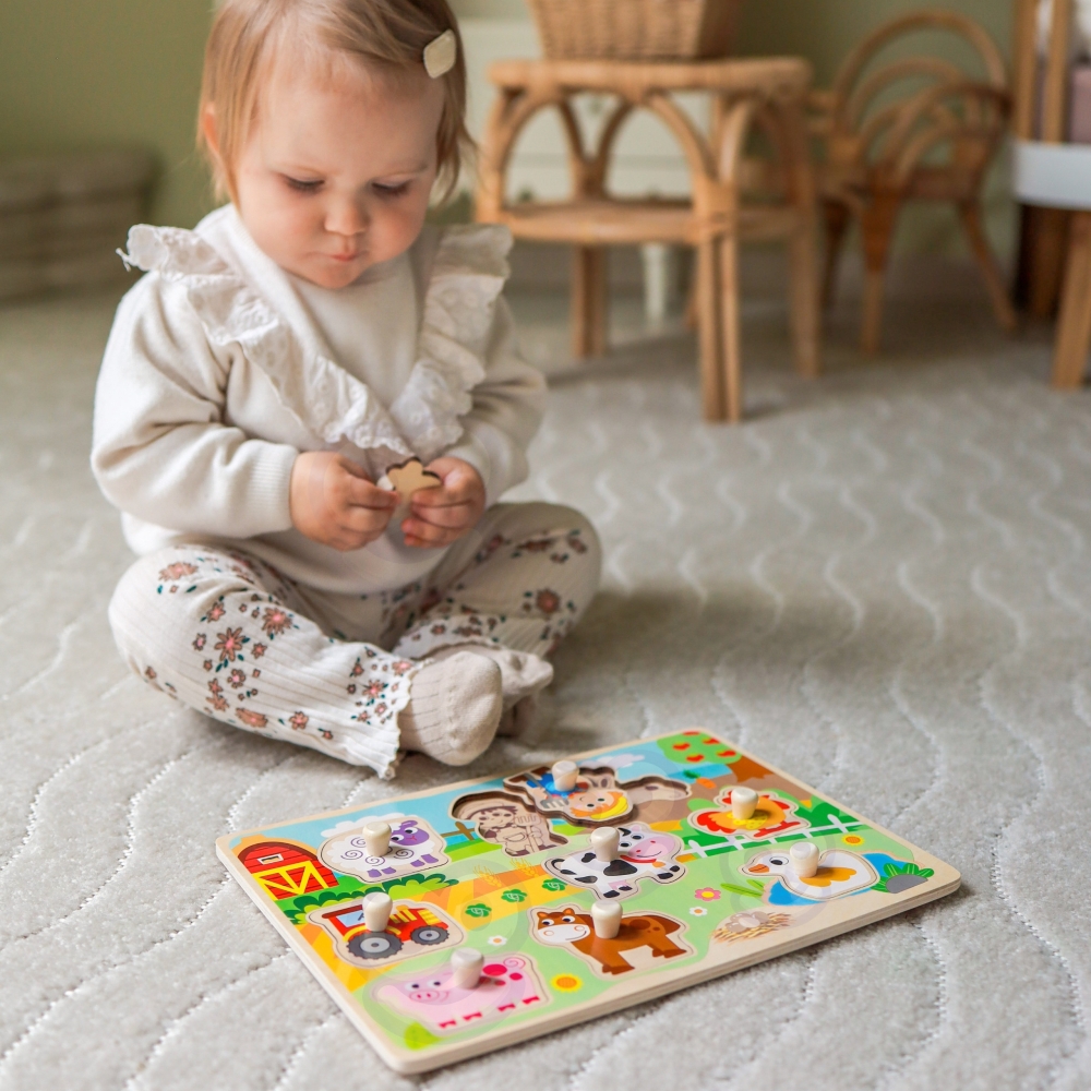 Medinė dėlionė Montessori WOOPIE GREEN Ūkis su rankenėlėmis-LEKER-e-vaikas