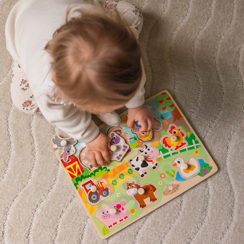 Medinė dėlionė Montessori WOOPIE GREEN Ūkis su rankenėlėmis-LEKER-e-vaikas