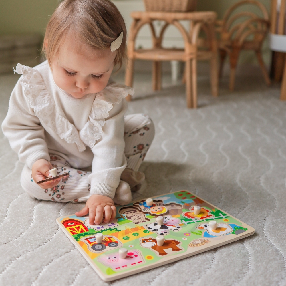 Medinė dėlionė Montessori WOOPIE GREEN Ūkis su rankenėlėmis-LEKER-e-vaikas
