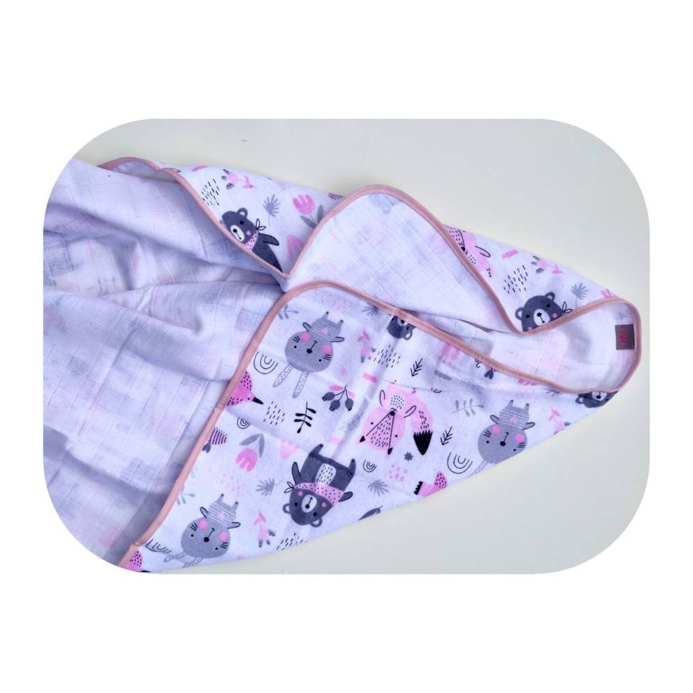 Swaddling blanket / Diper -20627 - two-layer - FLANNEL / TETRA - EGA - ZWIERZĘTA LEŚNE - PINK - size 80x80 cm