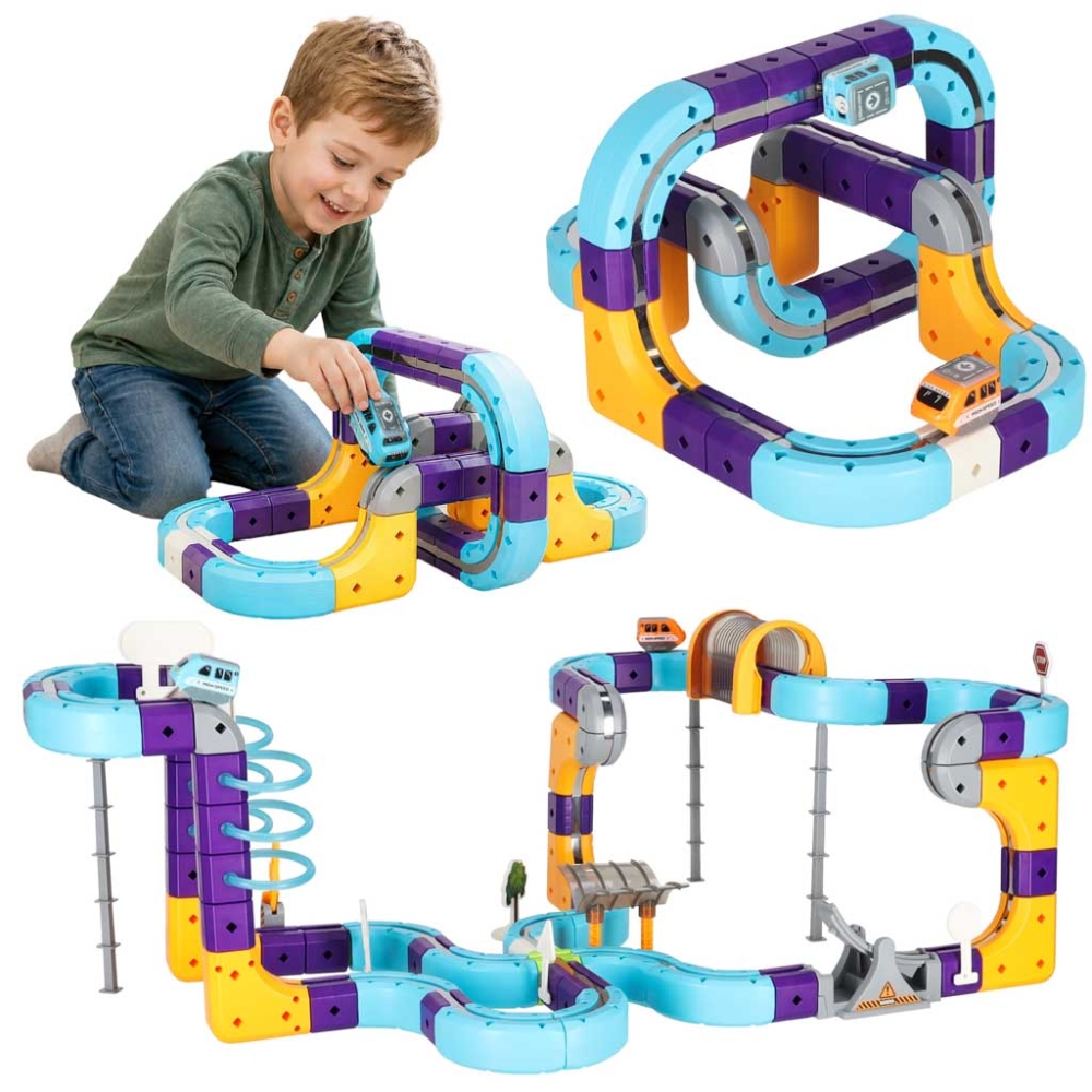 Magnetinių kaladėlių - lenktynių trasos rinkinys, 127 dalys-Žaislai, Konstruktoriai, Auto ir transporto žaislai, Garažai, trasos