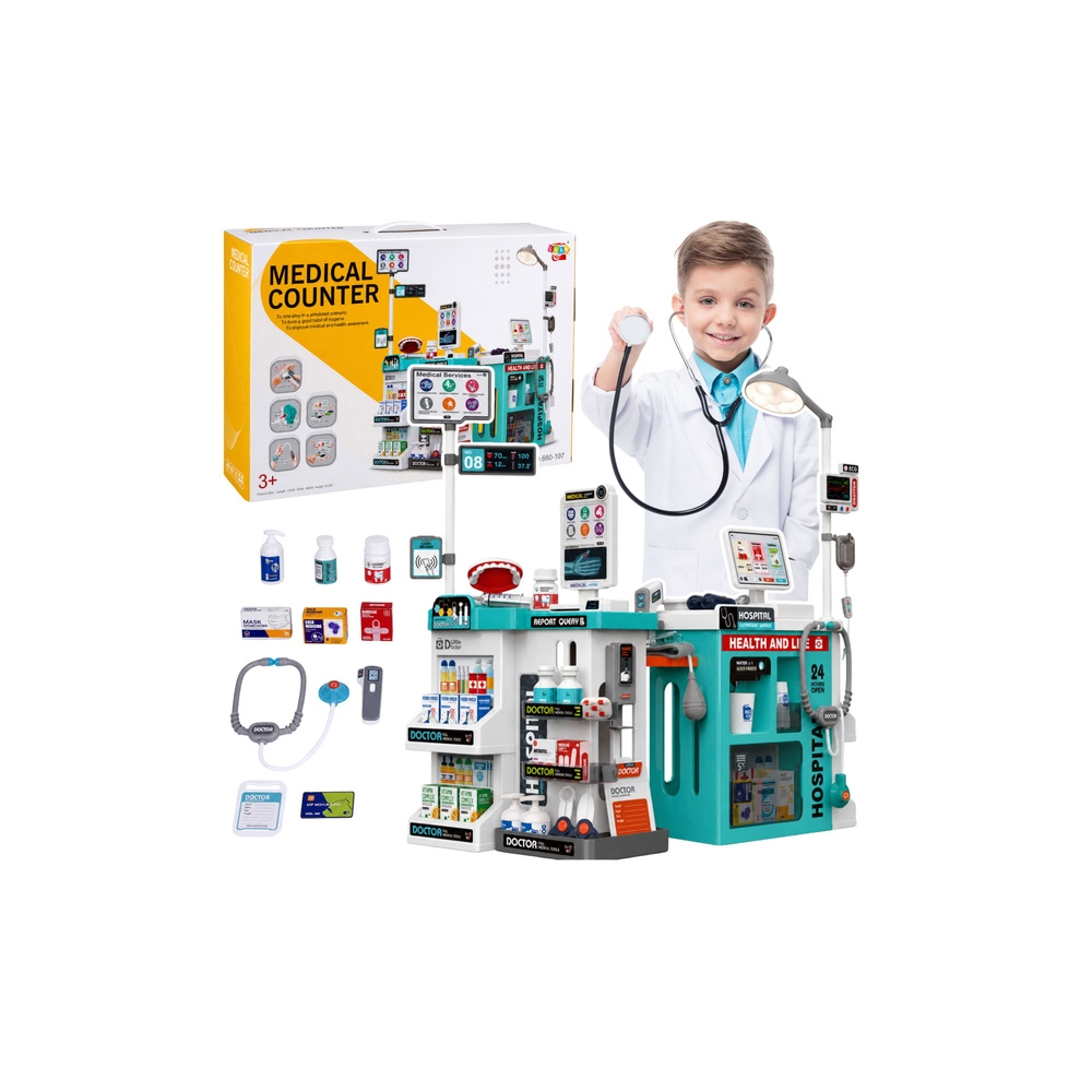 Didelis gydytojo rinkinys: medicininis staliukas, šviesos ir garso efektai, priedai, 77 el.