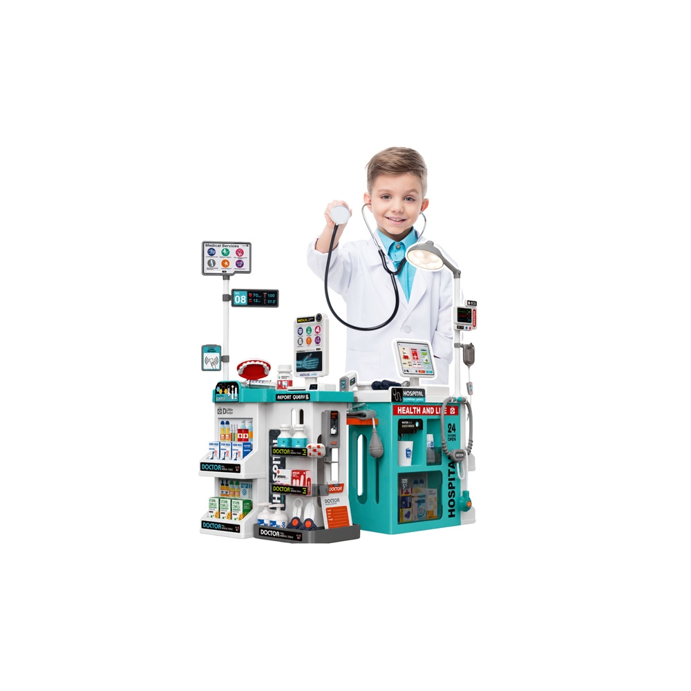 Didelis gydytojo rinkinys: medicininis staliukas, šviesos ir garso efektai, priedai, 77 el.