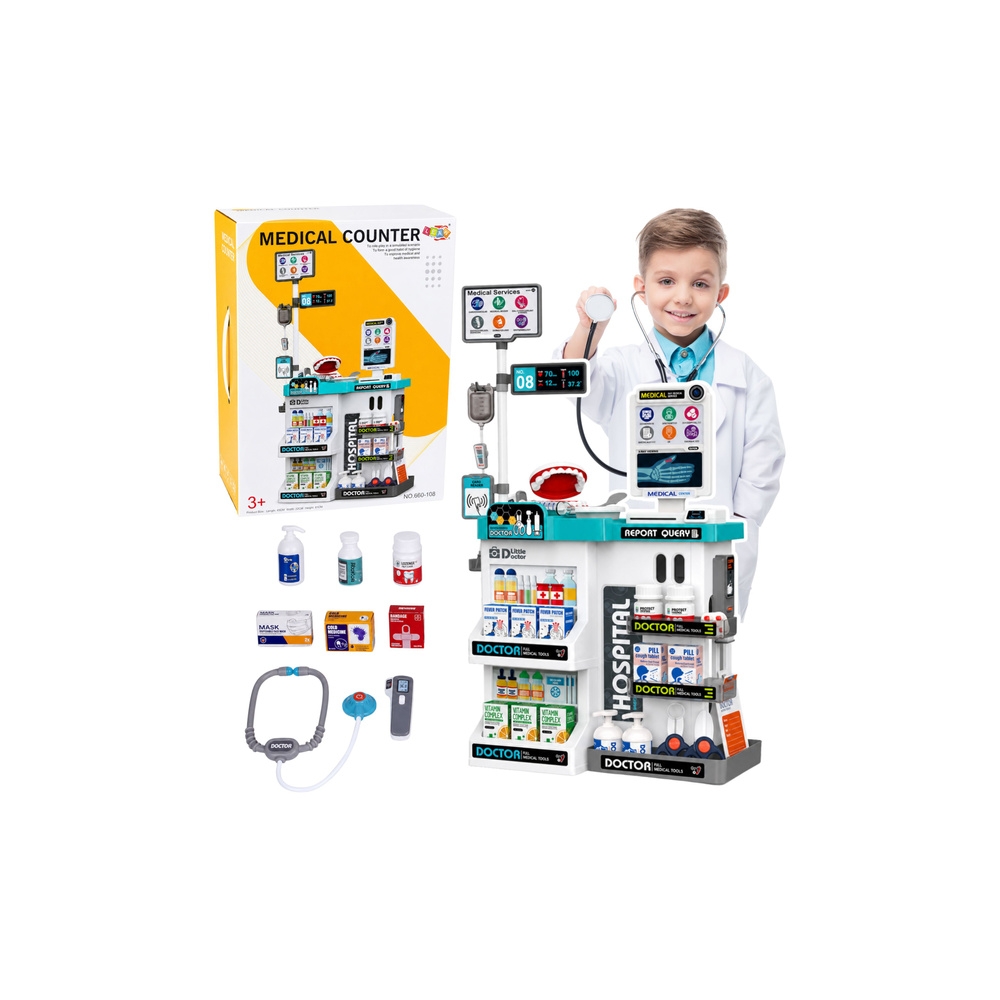 Didelis gydytojo rinkinys: medicininis staliukas, šviesos ir garso efektai, priedai, 61 el.