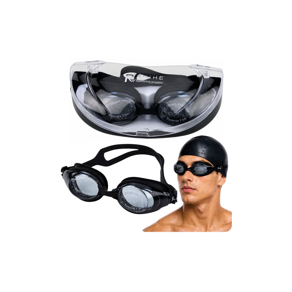 Okulary Do Pływania Regulowane Powłoka Anti Fog Ochrona UF Czarne Etui