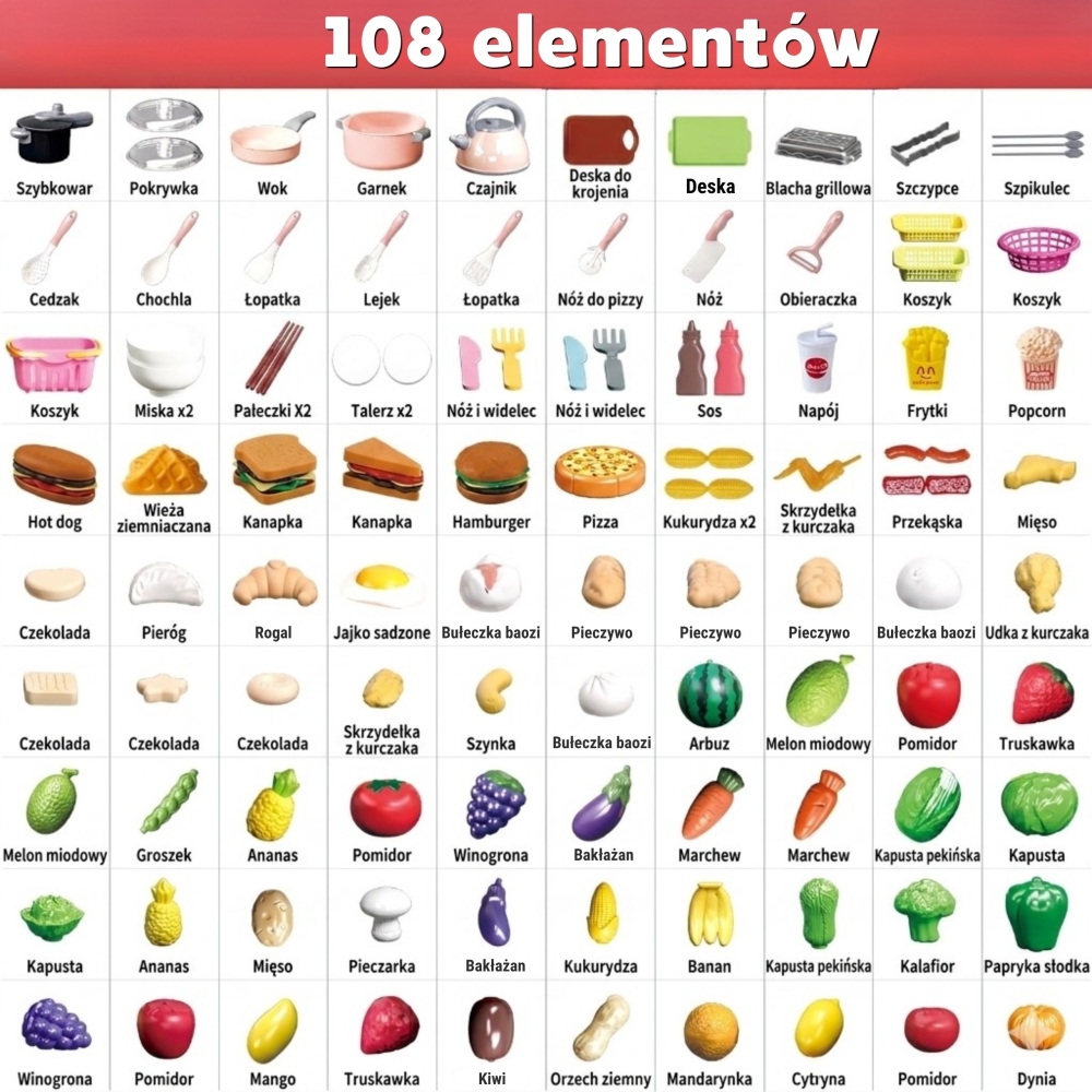 Virtuvės reikmenų rinkinys WOOPIE, 108 el.-Žaislai, Profesijos, buities žaislai, Mažiesiems kulinarams-e-vaikas