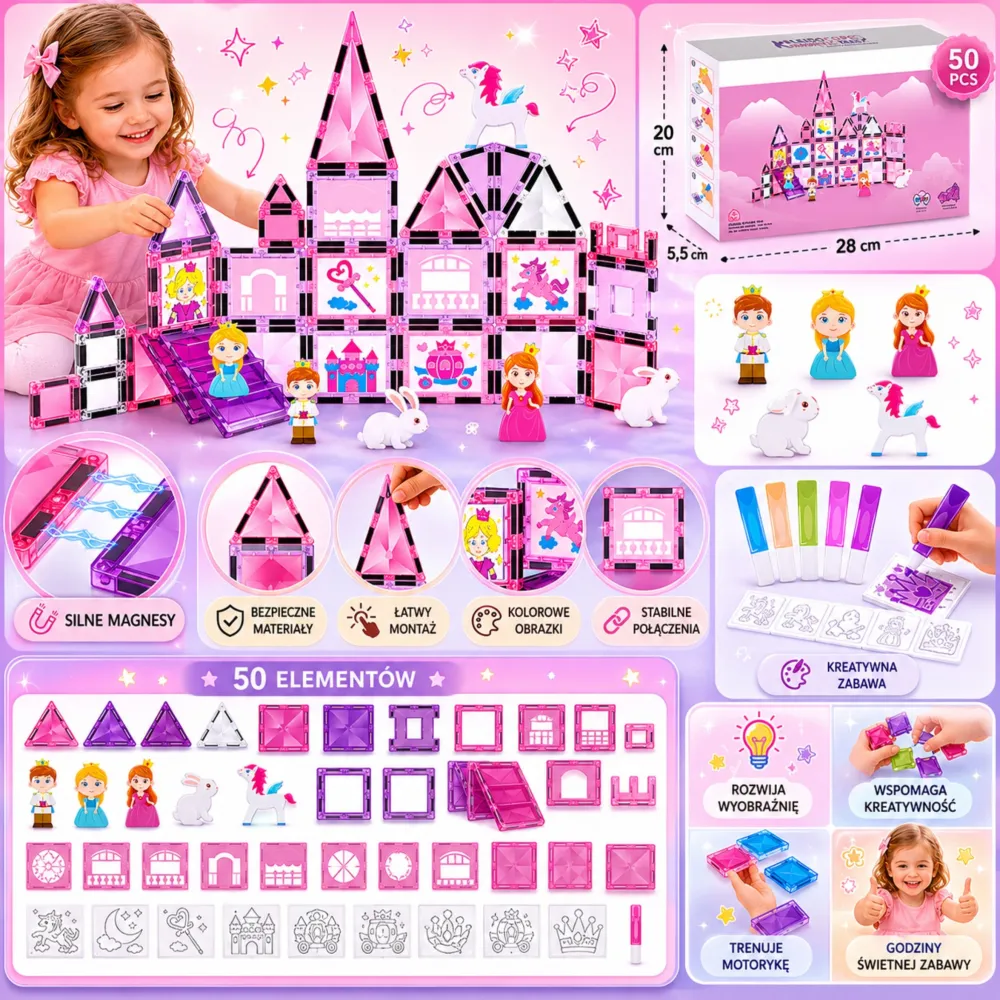 Magnetinis konstruktorius WOOPIE Princesės pilis, 50 vnt-Žaislai, Konstruktoriai, Magnetiniai konstruktoriai-e-vaikas