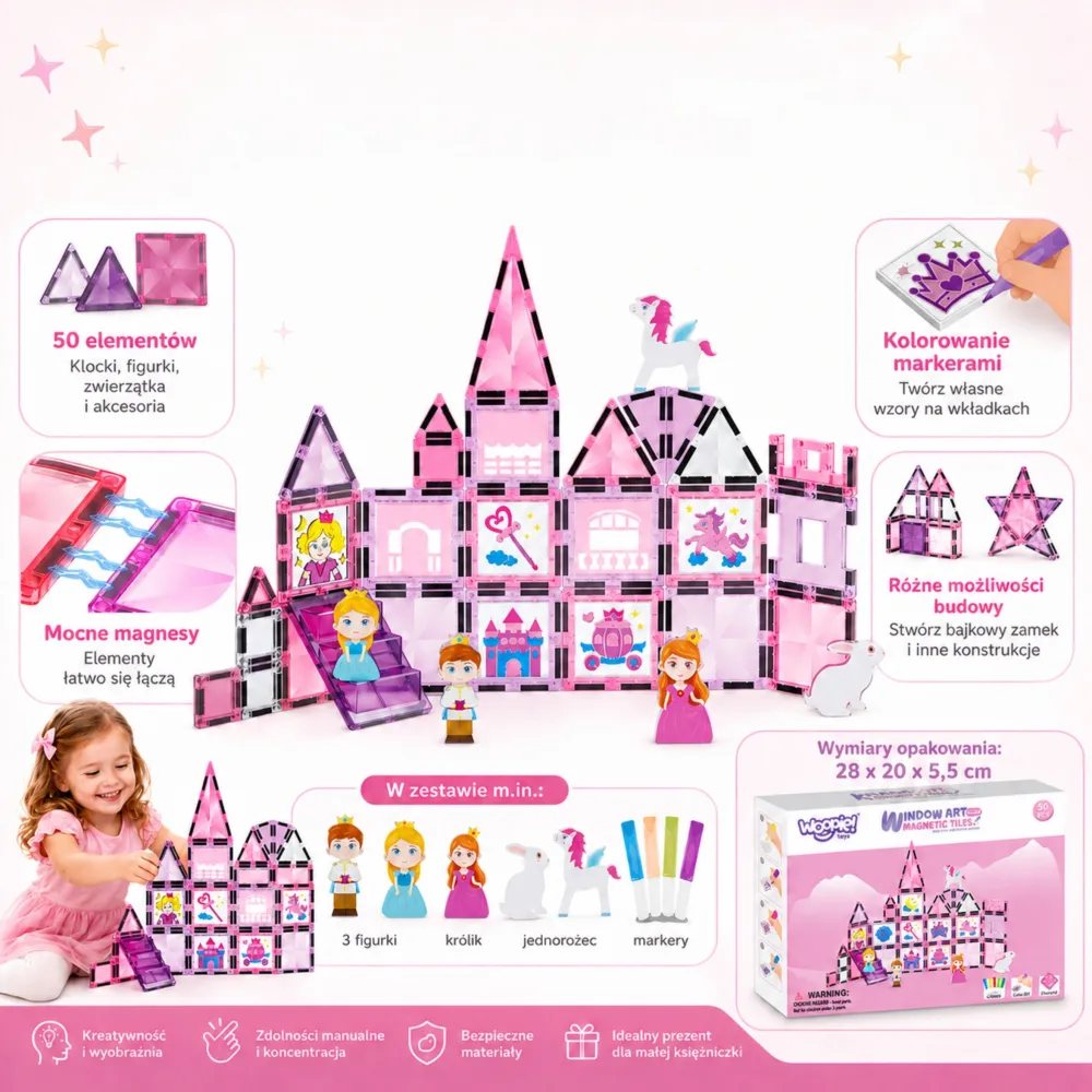 Magnetinis konstruktorius WOOPIE Princesės pilis, 50 vnt-Žaislai, Konstruktoriai, Magnetiniai konstruktoriai-e-vaikas