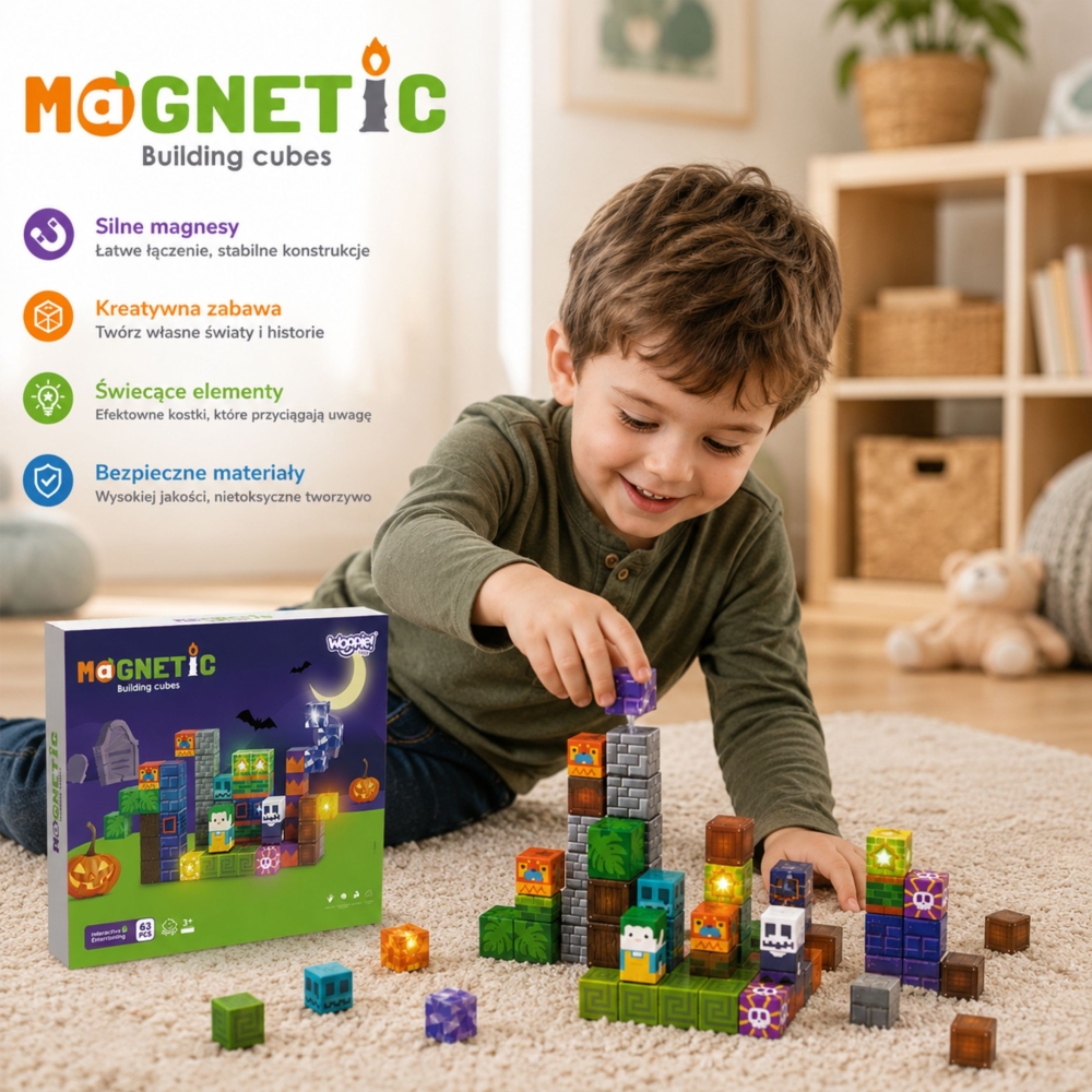 Magnetinis konstruktorius WOOPIE kubeliai Šviečiantis Helovinas, 63 vnt-Žaislai, Konstruktoriai, Magnetiniai konstruktoriai-e-va