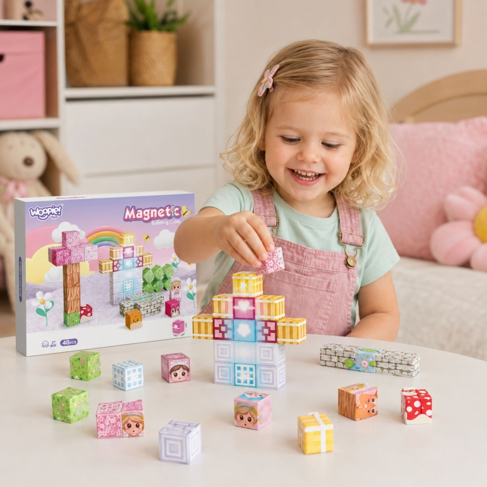 Magnetinis konstruktorius WOOPIE kubeliai Montessori 3D dėlionė, 48 vnt-Žaislai, Konstruktoriai, Magnetiniai konstruktoriai-e-va