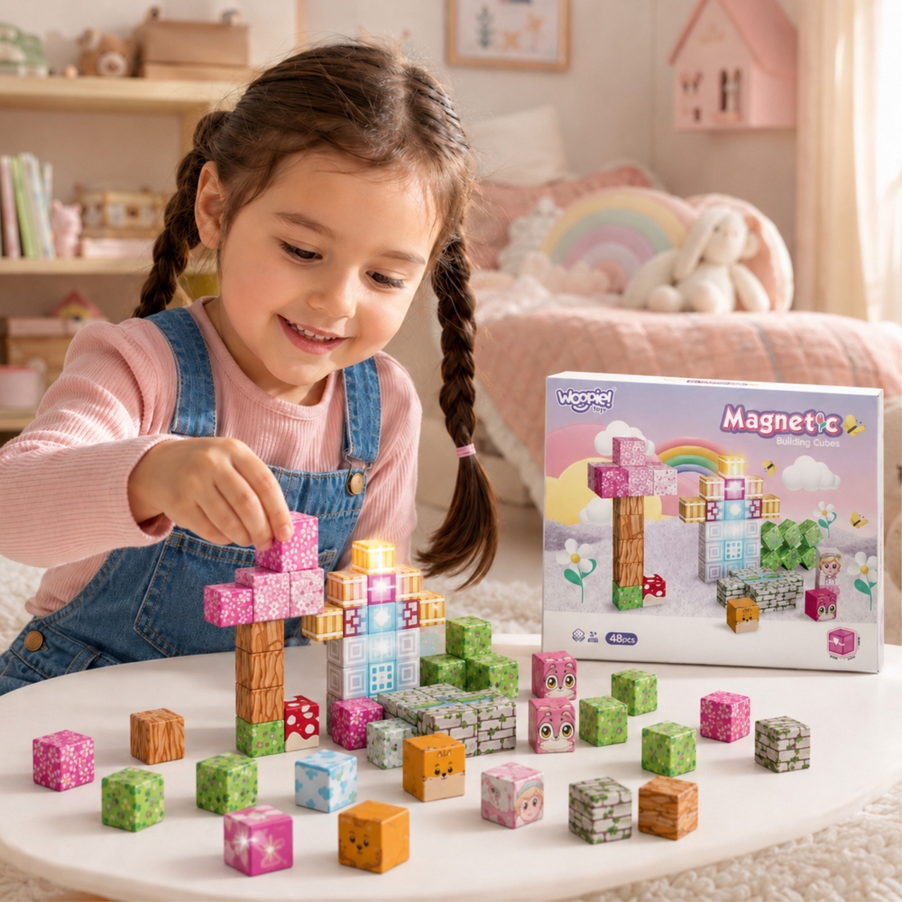 Magnetinis konstruktorius WOOPIE kubeliai Montessori 3D dėlionė, 48 vnt-Žaislai, Konstruktoriai, Magnetiniai konstruktoriai-e-va