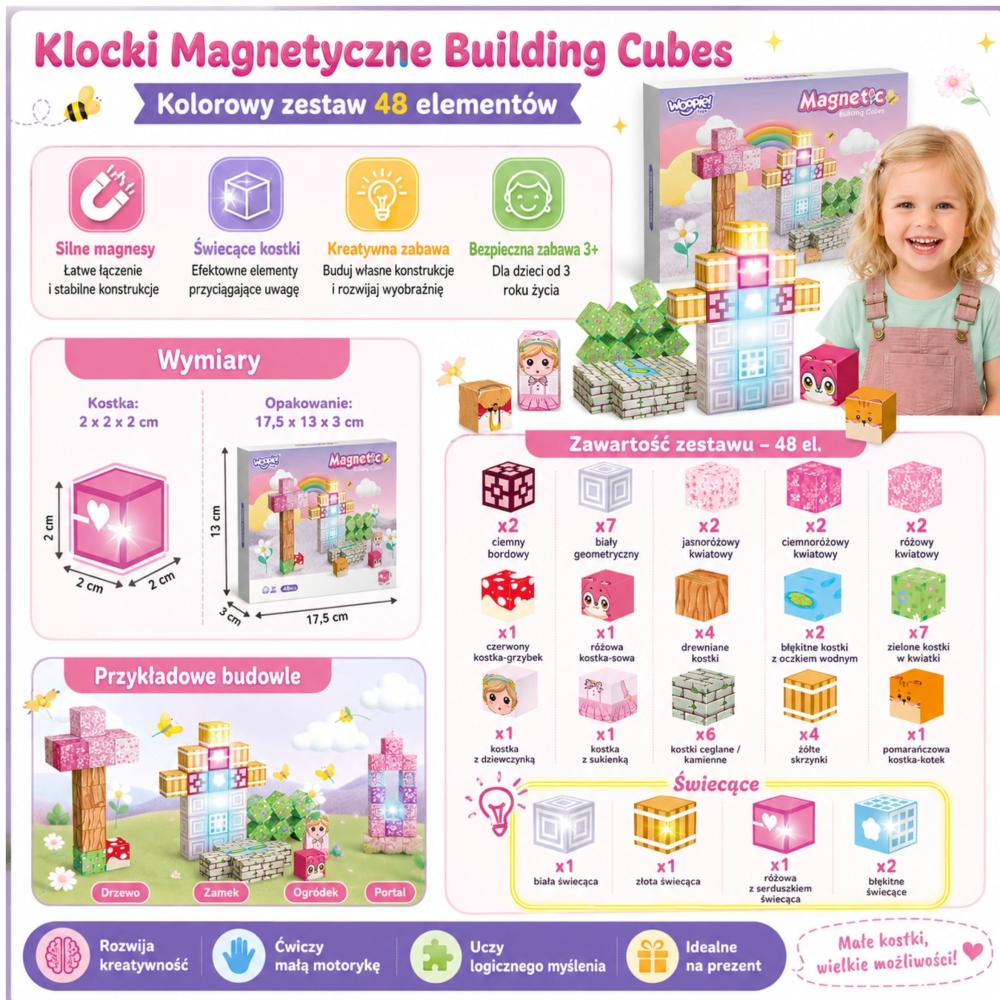 Magnetinis konstruktorius WOOPIE kubeliai Montessori 3D dėlionė, 48 vnt-Žaislai, Konstruktoriai, Magnetiniai konstruktoriai-e-va