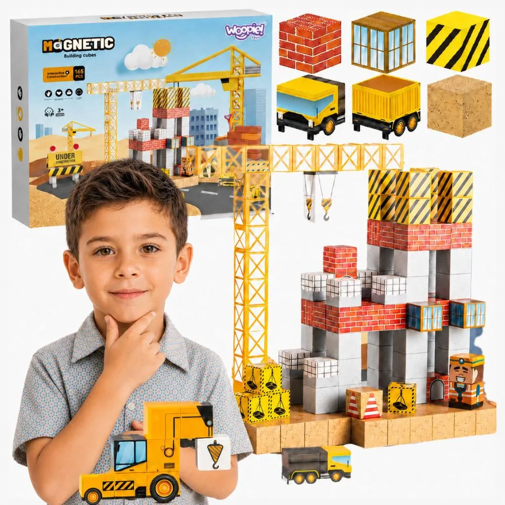 Magnetinis konstruktorius WOOPIE blokeliai, statybinis kranas, ekskavatorius, 3D 165 vnt-Žaislai, Konstruktoriai, Magnetiniai ko