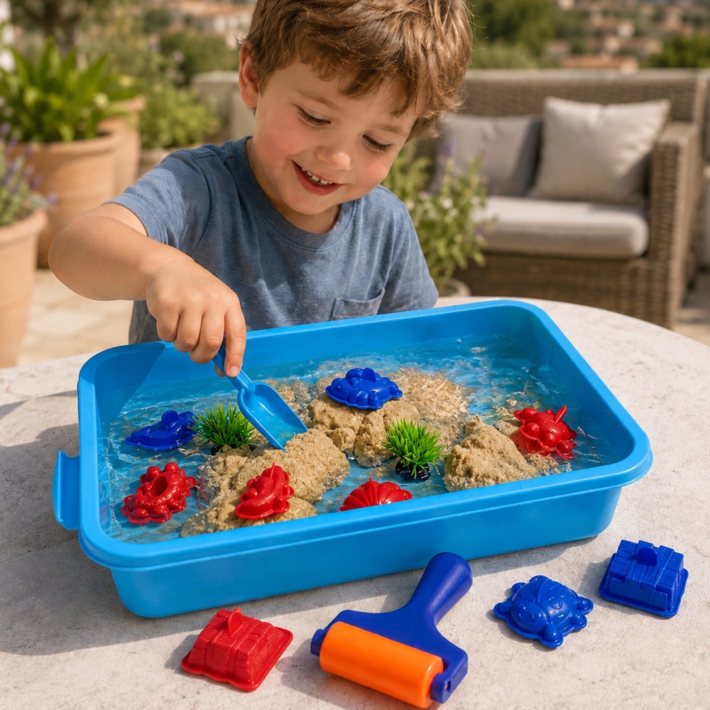 Kinetinis smėlio rinkinys WOOPIE Magic for Water – 18 dalių su dėklu-Žaislai, Kūrybiniai žaislai, Lipdymas-e-vaikas