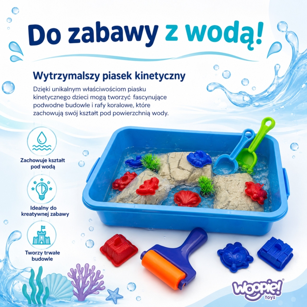 Kinetinis smėlio rinkinys WOOPIE Magic for Water – 18 dalių su dėklu-Žaislai, Kūrybiniai žaislai, Lipdymas-e-vaikas