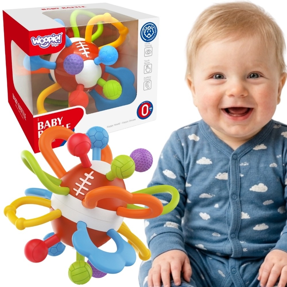 Barškutis-kramtukas WOOPIE BABY – jutiminis kamuoliukas kūdikiams, nuo 0 metų, minkštas-LEKER-e-vaikas